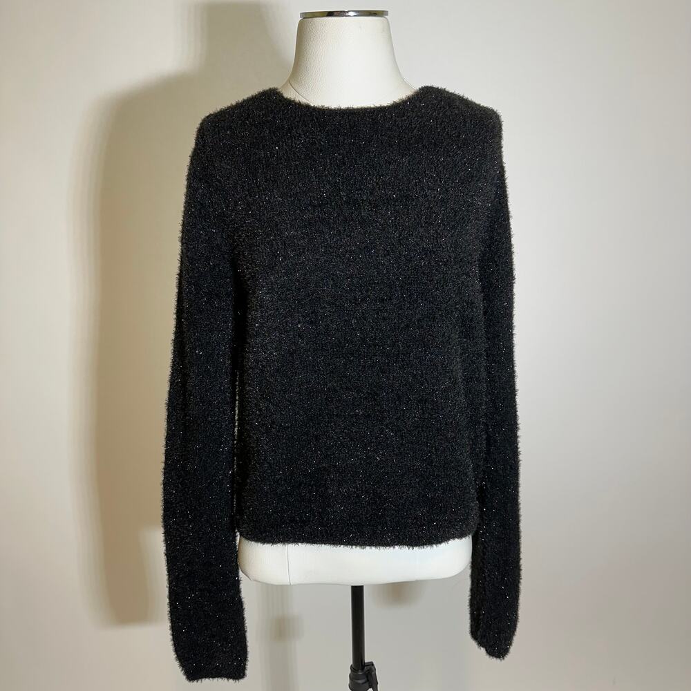 NWT Worthington Black Sparkle Sweater Tie Bow Back Cut Out Womens Size Medium M